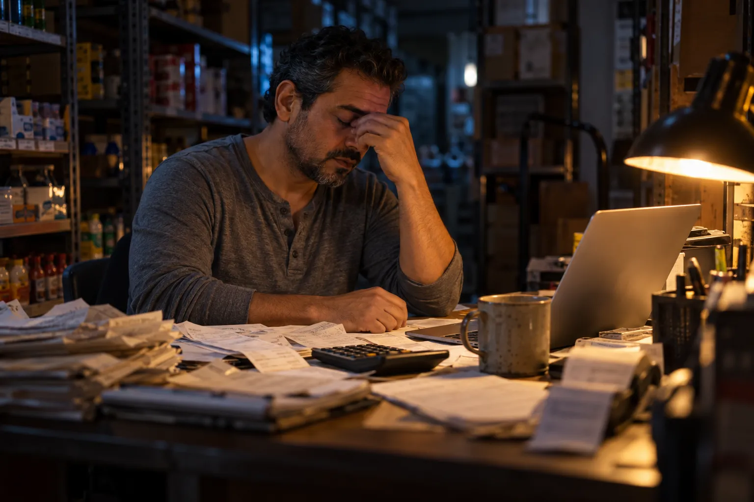 A tired store owner at his back-office desk late at night, surrounded by paper invoices